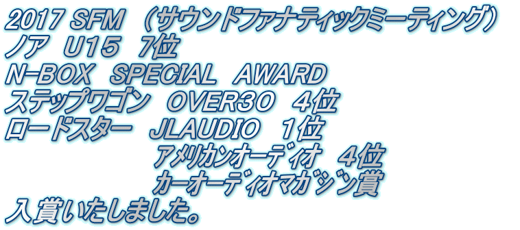 2017 SFM　（サウンドファナティックミーティング）　 ノア　U１５　7位　 N-BOX　SPECIAL　AWARD ステップワゴン　OVER３０　４位 ロードスター　JLAUDIO　１位　 　　　　　　　　ｱﾒﾘｶﾝｵｰﾃﾞｨｵ　４位　 　　　　　　　　ｶｰｵｰﾃﾞｨｵﾏｶﾞｼﾞﾝ賞 入賞いたしました。