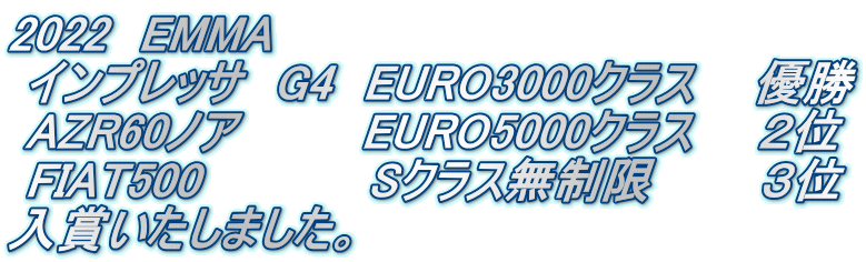 2022　EMMA  インプレッサ　G4　EURO3000クラス    優勝  AZR60ノア 　　　 EURO5000クラス　　２位  FIAT500       　  Sクラス無制限　     ３位 入賞いたしました。　