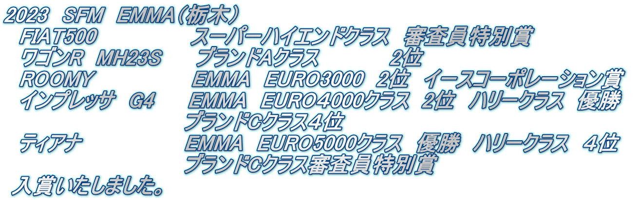 2023　SFM　EMMA（栃木） 　FIAT500       　　　 スーパーハイエンドクラス　審査員特別賞 　ワゴンR　MH23S　　 ブランドAクラス　　　　　2位 　ROOMY　　　　　　　EMMA　EURO3000　2位　イースコーポレーション賞 　インプレッサ　G4　　 EMMA　EURO４000クラス  2位　ハリークラス  優勝　                            ブランドCクラス４位   ティアナ 　　　 　　   EMMA　EURO5000クラス　優勝　ハリークラス　４位　                            ブランドCクラス審査員特別賞  入賞いたしました。　